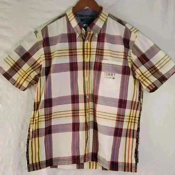 Vintage Y2K Tommy Hilfiger Jeans Plaid Short Sleeve Button Down Shirt sz XL - Picture 1 of 9